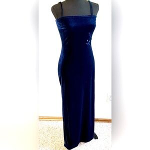 Vintage Y2K Rampage Navy Blue Velvet Embroidered Design Bodycon Slip Dress Sz S